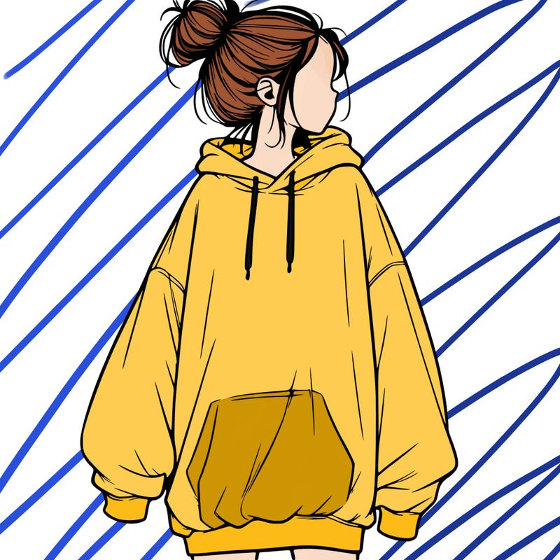 realistic girl with a oversized sweatshirt on and a bun