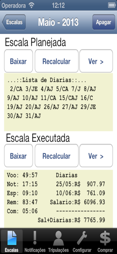 O aplicativo CrewLink Manager exibindo horários de voos planejados e executados com cálculos de ganhos