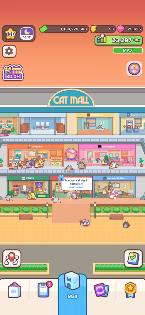 Cat Mall: Idle Shopping Tycoon - Una colorida captura de pantalla del juego móvil Cat Mall que muestra lindos gatos caricaturescos comprando en un centro comercial y visitando una cafetería.