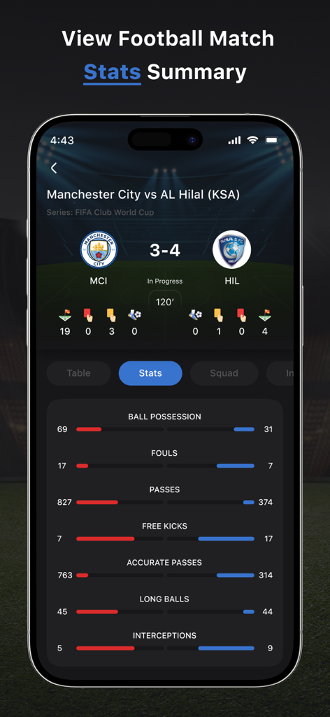 Soccer Score App - Detailed football match statistics summary screen in the Soccer Score App