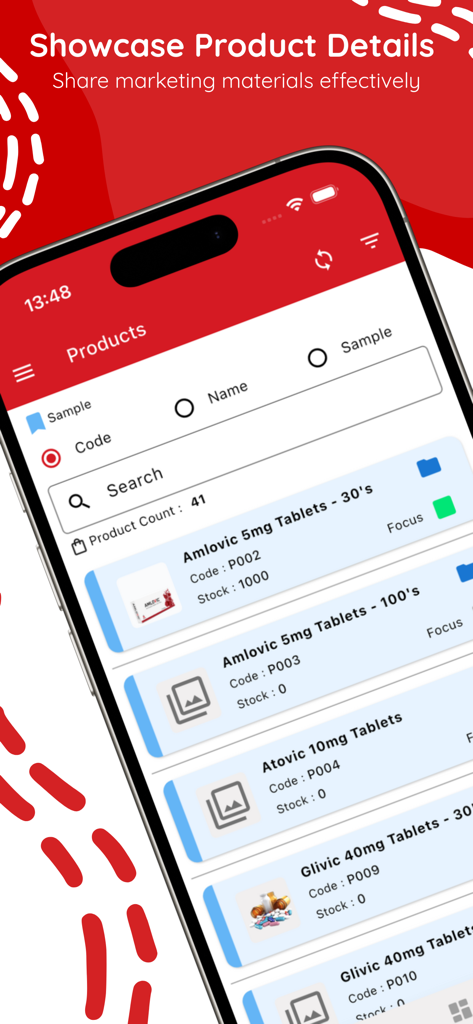 vantage MRIS - Mobile screen showing a list of medical products with stock and codes for pharma sales reps