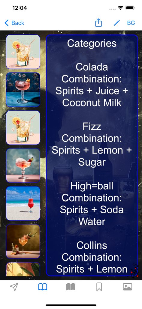 Tela do aplicativo móvel mostrando categorias de cocktails como Colada e Fizz com combinações de ingredientes