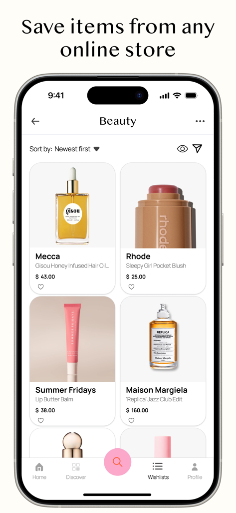 Sortd | Shopping Wishlist App - Interface de l'application Sortd montrant une liste de souhaits organisée de produits de beauté de différentes marques