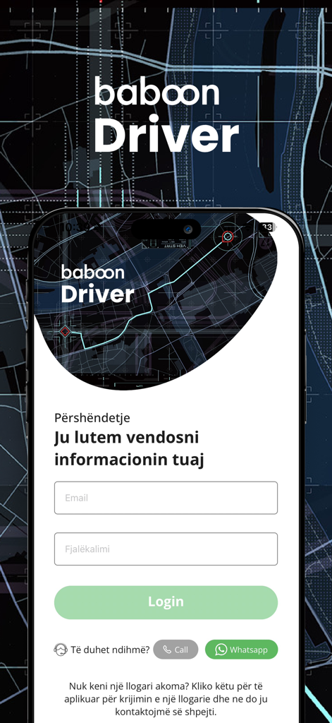 Baboon Driver - Baboon Driver app login screen with email and password fields