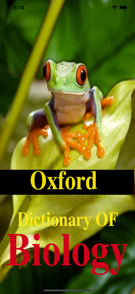 Red eyed tree frog on a leaf with Oxford Dictionary of Biology title
