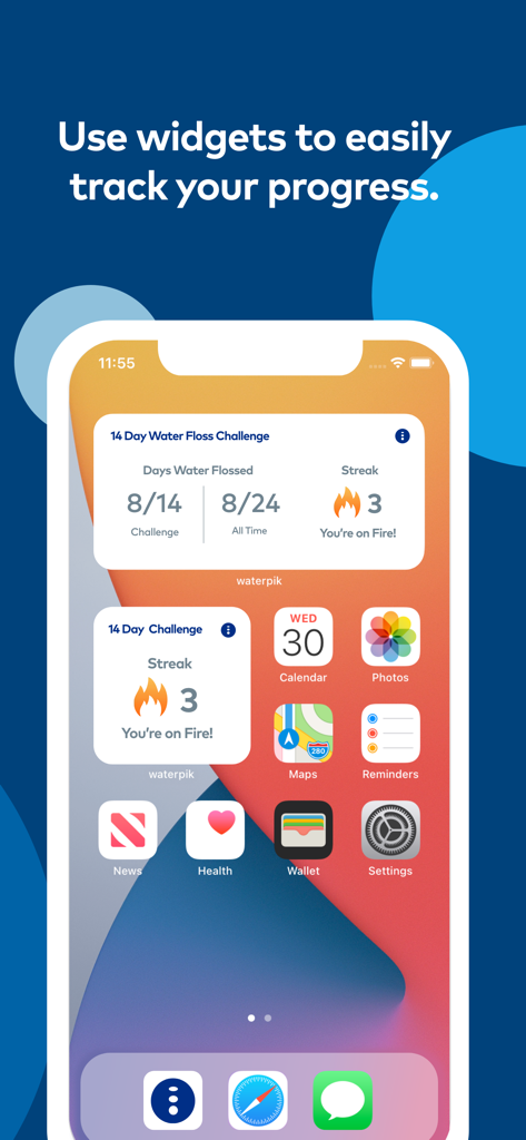 Waterpik™ Water Flossing - iOS home screen featuring Waterpik app widgets showing flossing progress and a three day streak
