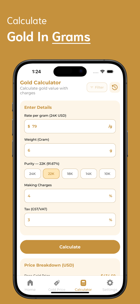 Gold Identifier - A smartphone screen displaying the Gold Calculator feature of the Gold Identifier app for calculating gold value in grams.