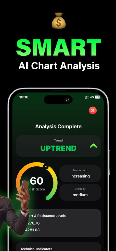 TraderKit - Trading Assistant - Pantalla de la aplicación móvil TraderKit que muestra análisis de gráficos de IA con un indicador de tendencia alcista y una puntuación de riesgo de mercado.