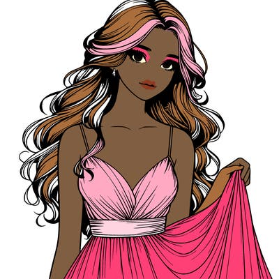 realistic girl in flowy silky prom dress