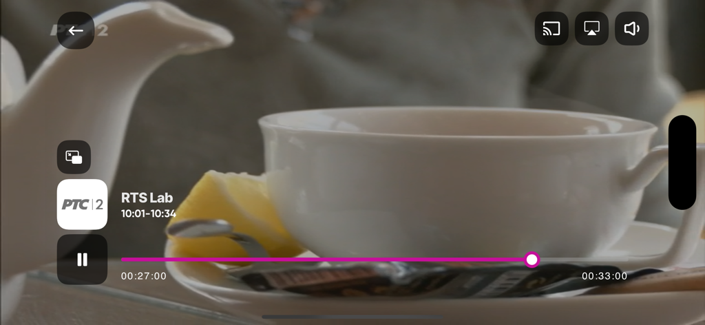 Videoplayer-Oberfläche der Orion TV App mit dem Programm RTS Lab auf PTC 2 mit Wiedergabesteuerung