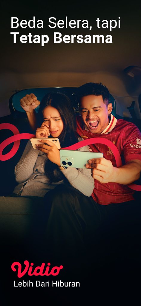 Vidio: Sports, Movies, Series - Two people enjoying different shows on the Vidio mobile app simultaneously.
