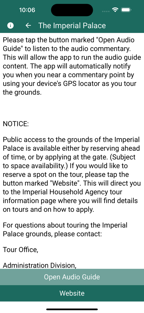 Imperial Palaces Guide - Screenshot of the Imperial Palaces Guide app displaying instructions for the Tokyo Imperial Palace audio guide and information on tour reservations.