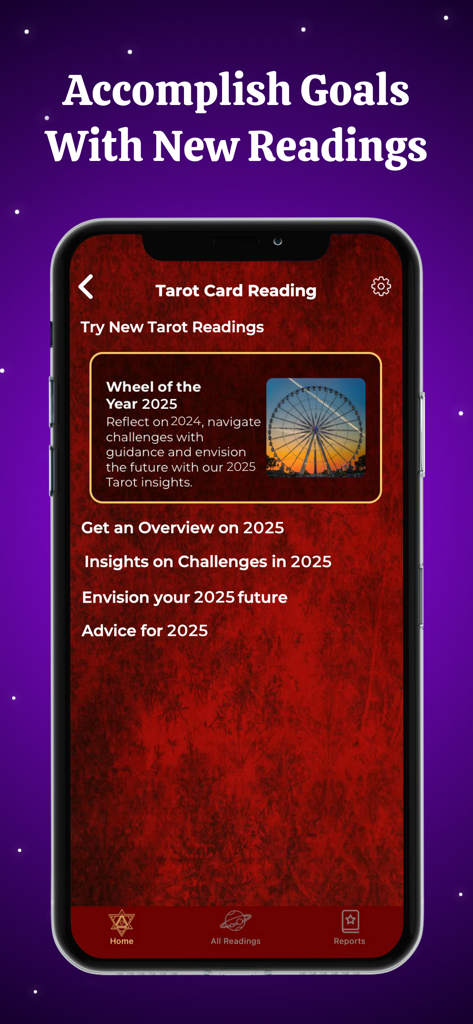 Tarot Card Reading & Horoscope - Captura de pantalla de iPhone de la aplicación Lectura de Tarot que muestra la función Rueda del Año 2025 y opciones de guía espiritual.