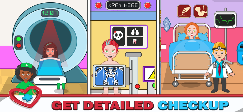 Town Hospital Life - Interactive scenes showing children getting an MRI scan, an X-ray, and a checkup in a pretend hospital game