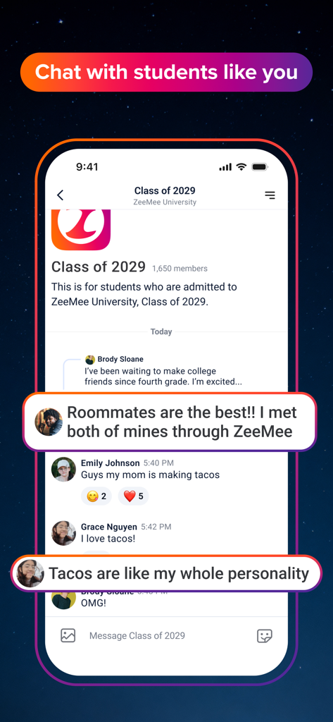 ZeeMee app screenshot showing a group chat for the college class of 2029 where students connect and message each other.