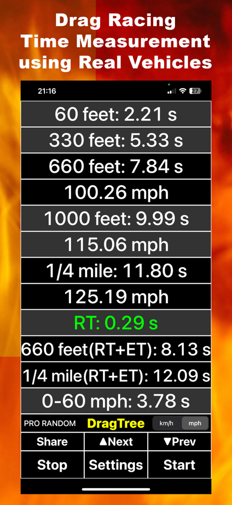 DragTree – Real Drag Training - DragTree app results screen displaying drag racing performance metrics including 1/4 mile time and response time
