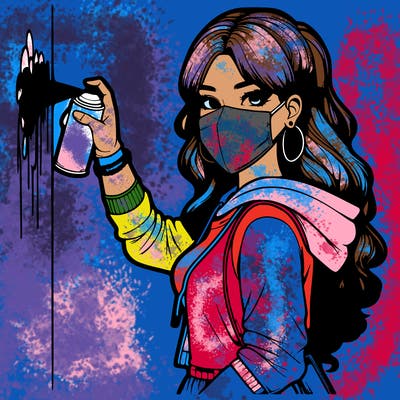 realistic girl with mask spray painting a wall