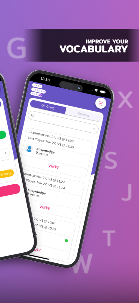Last Letter First:  Word Game - Smartphone screen displaying ongoing matches in the Last Letter First word game with a text overlay saying improve your vocabulary