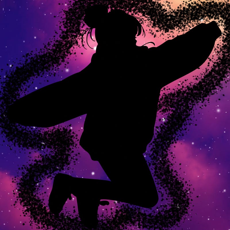 realistic girl jumping with a bun and oversized sweatshirt