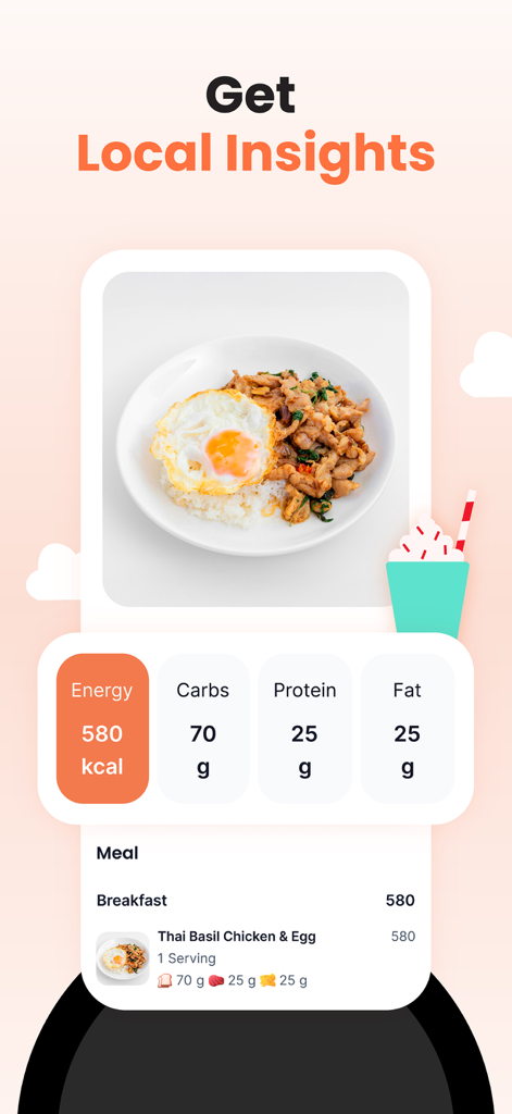 Kalguroo app interface showing calorie and macro breakdown for a Thai basil chicken meal