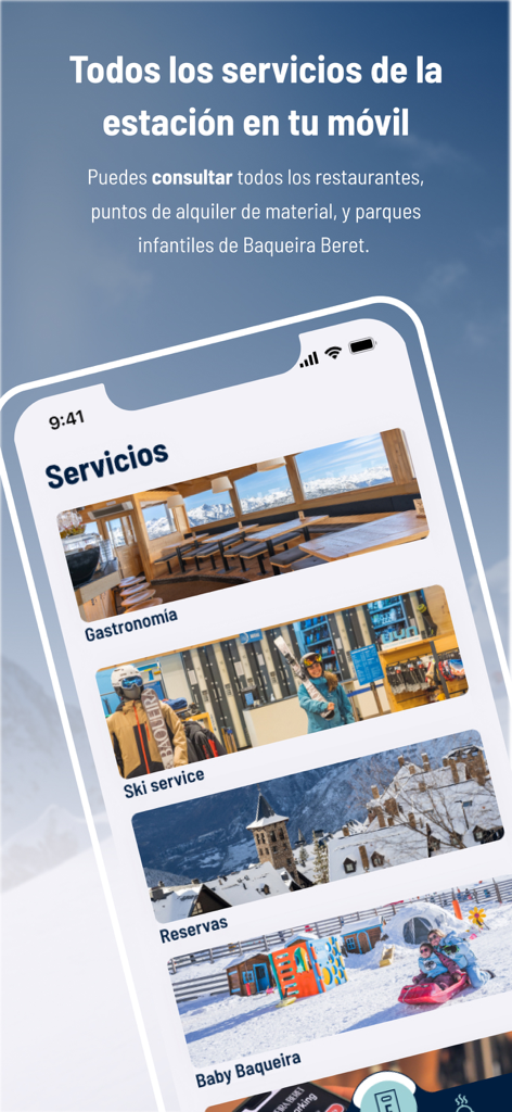 Baqueira Beret App-Oberfläche, die verfügbare Resort-Dienstleistungen wie Gastronomie und Skiverleih anzeigt