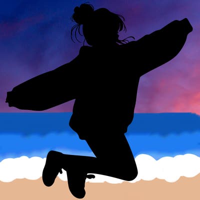 realistic girl jumping with a bun and oversized sweatshirt