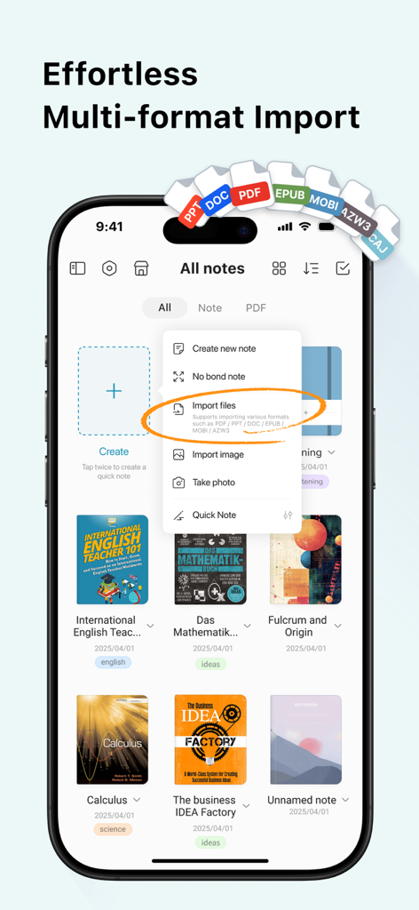 StarNote: Handwriting&PDF - StarNote-Mobil-App-Oberfläche, die das Menü für den Import von Dateien in verschiedenen Formaten für PDF-, DOC- und PPT-Dateien hervorhebt.