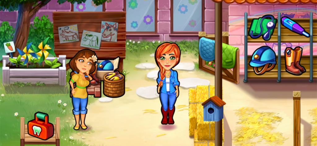 Los personajes Amy y una amiga de pie en el patio de una clínica veterinaria con dibujos de caballos y equipo médico