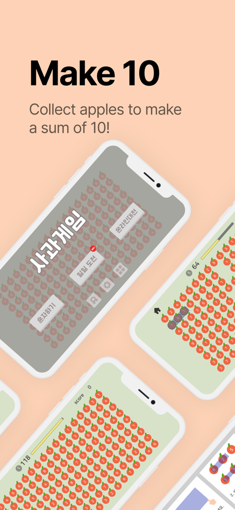 Make 10 - apple number - Captura de pantalla del juego de rompecabezas Make 10 número de manzana mostrando múltiples iPhones con la interfaz de juego y la cuadrícula de manzanas