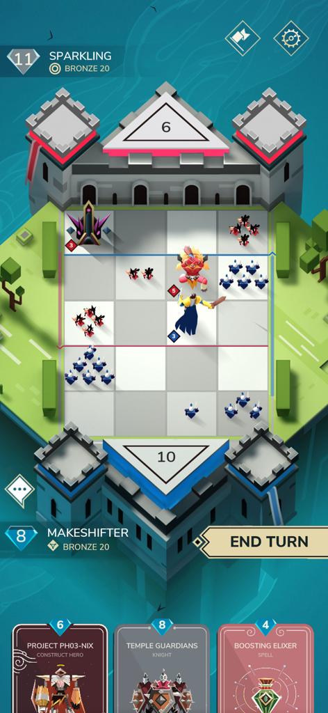 Une bataille de cartes tactique JcJ en temps réel dans Stormbound montrant des unités sur un plateau de grille et des cartes de joueur