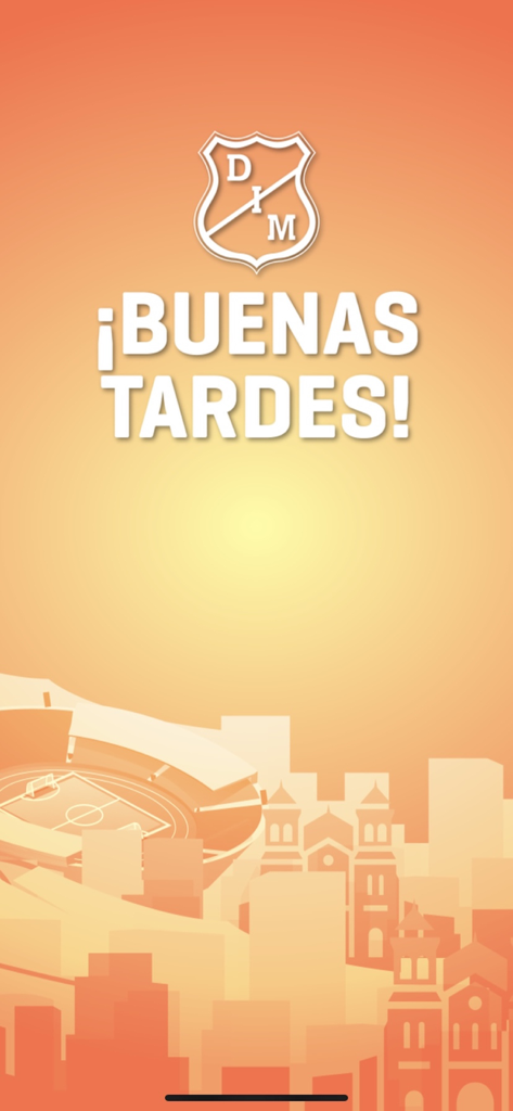 DIM Plus - DIM Plus app welcome screen with Independiente Medellin logo and city illustration