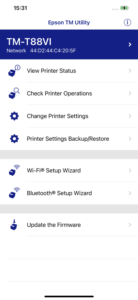Panel de la aplicación Epson TM Utility que muestra opciones de configuración para la impresora de recibos TM-T88VI, incluida la configuración de WiFi y Bluetooth.