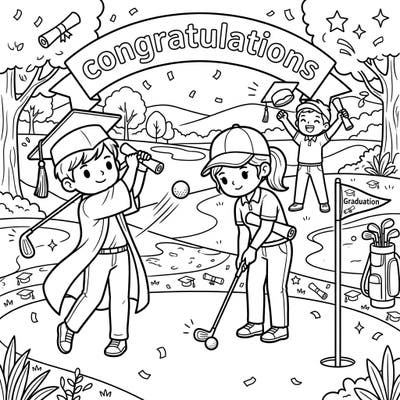 Celebrate a monumental achievement with this delightful coloring page featuring graduates enjoying a celebratory round of golf. It's a perfect blend of academic success and the joy of a favorite sport, ready for your creative touch.