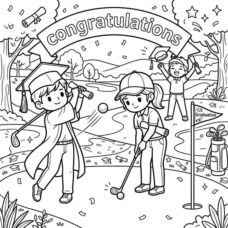 Celebrate a monumental achievement with this delightful coloring page featuring graduates enjoying a celebratory round of golf. It's a perfect blend of academic success and the joy of a favorite sport, ready for your creative touch.