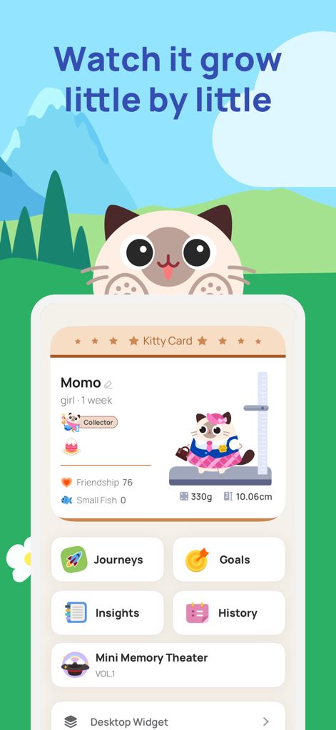 Catzy: Self-Care Journey - Catzy app screen displaying a virtual pet cat card with growth progress and self-care menu options