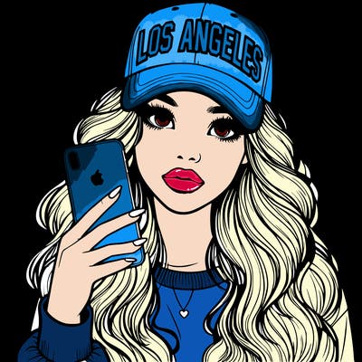 realistic beautiful girl wearing los ángeles cap holding an iphone