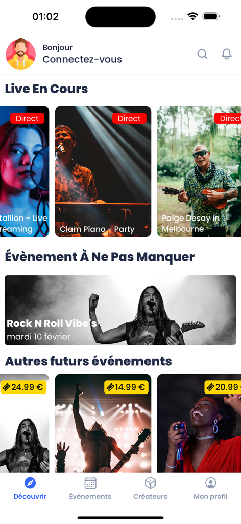Vivastream - Vivastream app home screen showing live and upcoming concerts with pricing