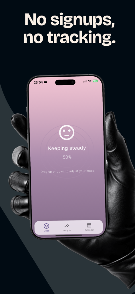 PulseMood: Mood Tracker & Log - PulseMood app interface showing a neutral mood selection with the text No signups, no tracking.