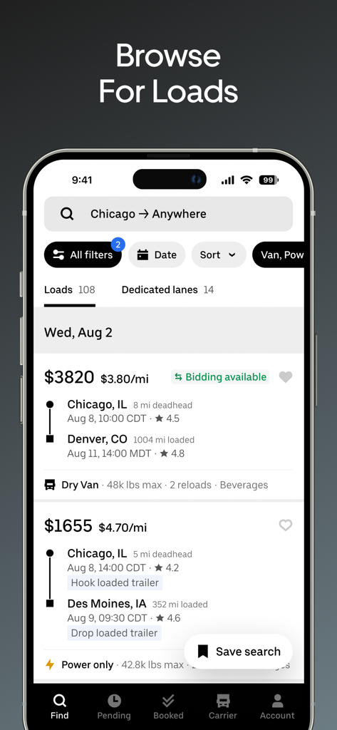 Uber Freight - Uber Freight mobile app interface showing available freight loads with upfront pricing and route details