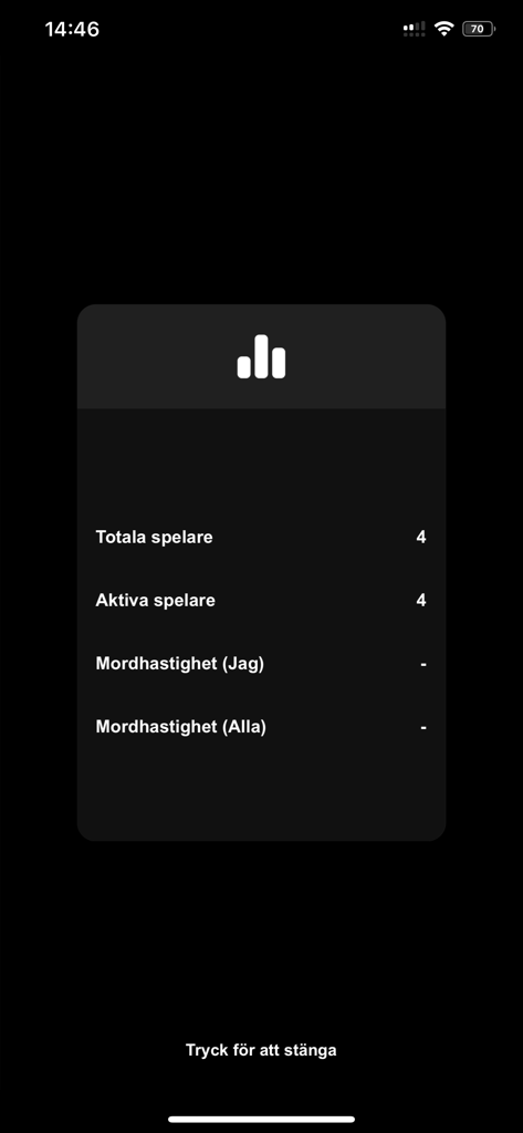 Écran des statistiques de l'application Killer Game montrant le nombre total et actif de joueurs
