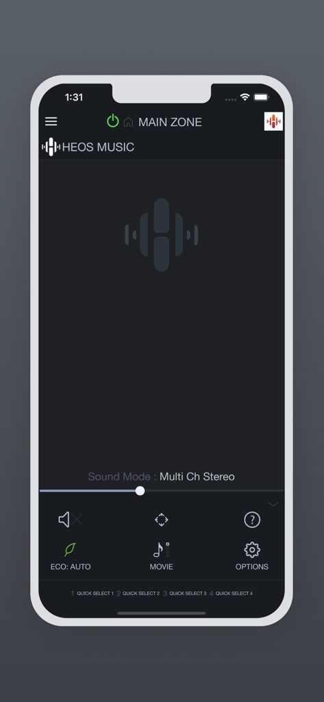 Schermata dell'app Denon AVR Remote che mostra i controlli musicali HEOS e audio.