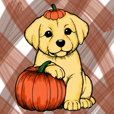 a realistic puppywith a pumpkin on his head