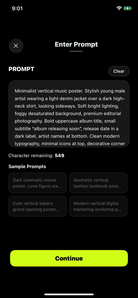 AI Poster Maker AI Generator - Interface of the AI Poster Maker app showing a text prompt input field for generating custom poster designs with sample prompt categories.