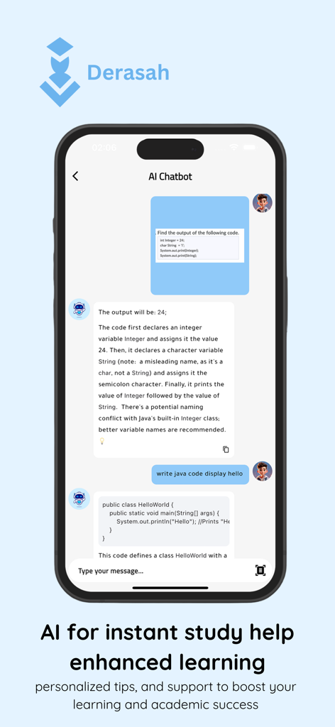 Derasah - Interface do chatbot de IA do aplicativo móvel Derasah explicando código Java a um estudante