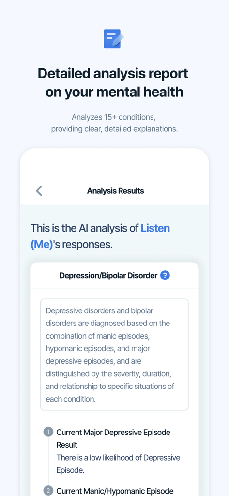 Dr.Listen - Dr.Listen mental health analysis report screen showing results for depression and bipolar disorder