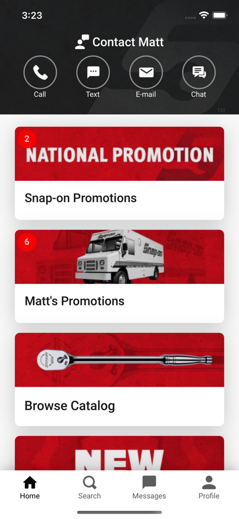 Snap-on - Snap-on Connectアプリのホーム画面。ディーラーの連絡先オプションとプロモーションツールのバナーが表示されています。