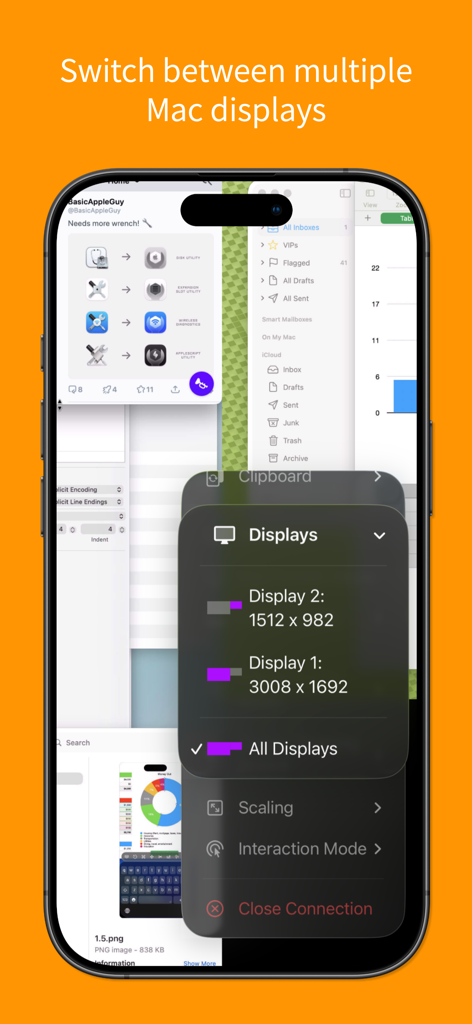 Screens for Organizations - iPhone interface of Screens for Organizations app showing options to switch between multiple remote Mac displays