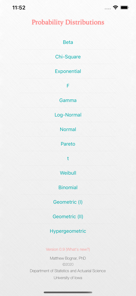 Probability-Distributions - Schermata del menu principale dell'app mobile Distribuzioni di Probabilità che elenca varie distribuzioni statistiche.