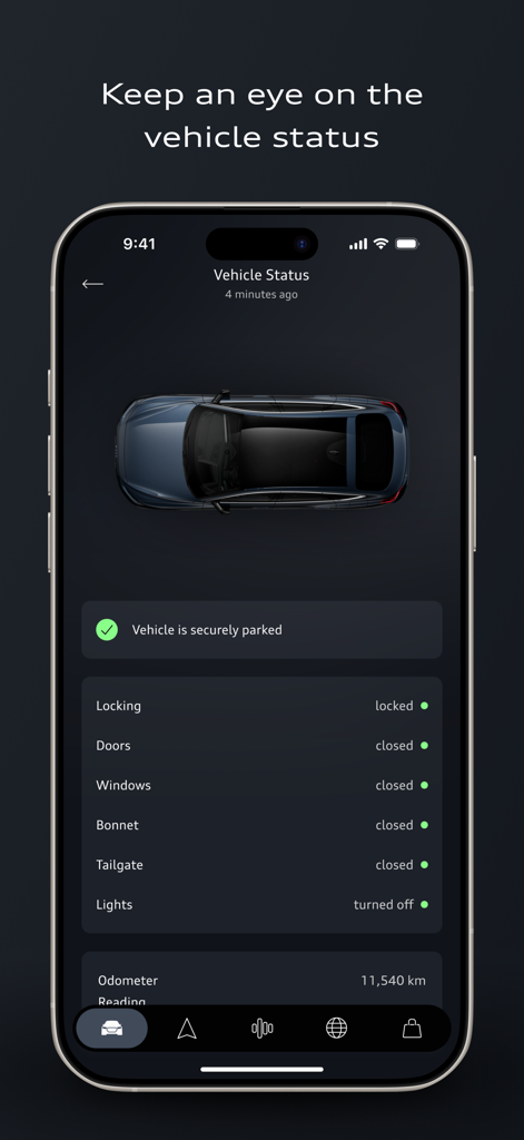 Smartphone screen displaying the myAudi app vehicle status interface showing doors and windows are closed.