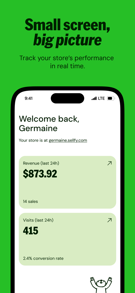 Painel do aplicativo móvel Sellfy exibindo estatísticas de receita e visitas à loja em tempo real para uma loja de criadores online